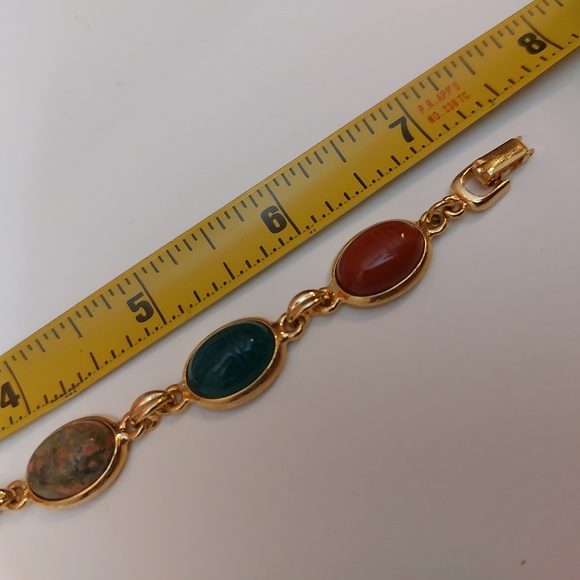Multi Stones Scarab Bracelet Gold Tone Links Semiprecious Gems - Picture 8 of 9